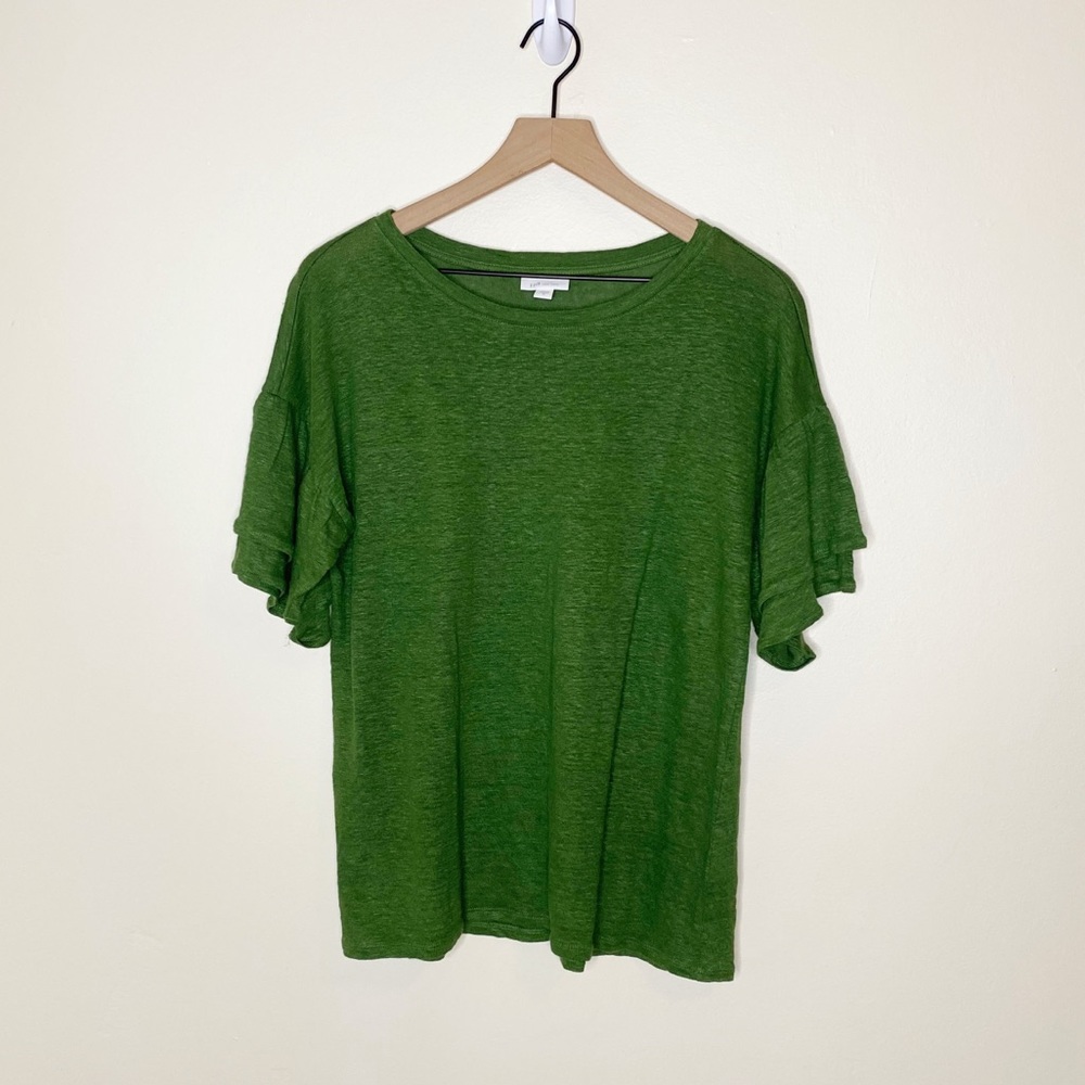 J Jill Love Linen Green Flutter Ruffle Short Sleeve Top T-Shirt